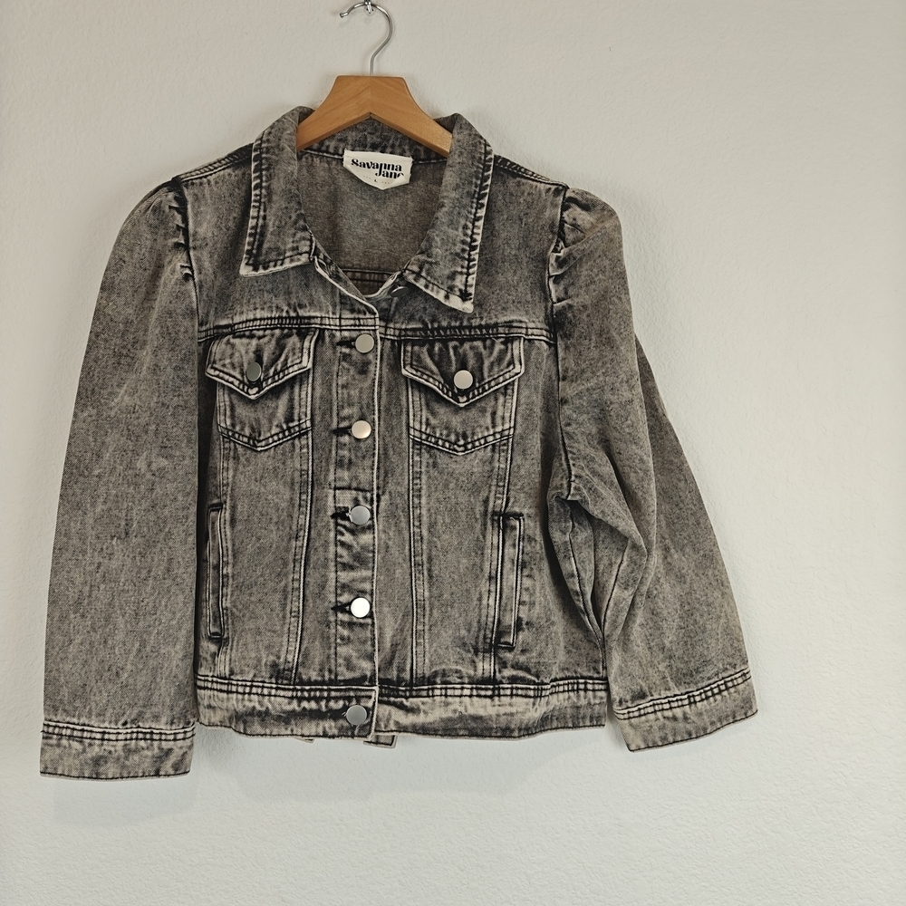 Savanna Jane Nwot Puff Sleeve Denim Cropped Jacket In Black Acid Wash Size LG